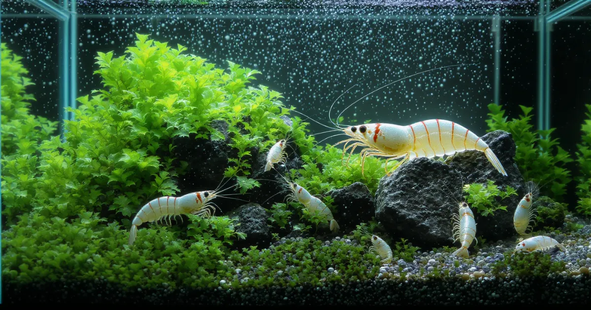 Amano shrimp memakan hair algae pada driftwood dalam planted aquascape