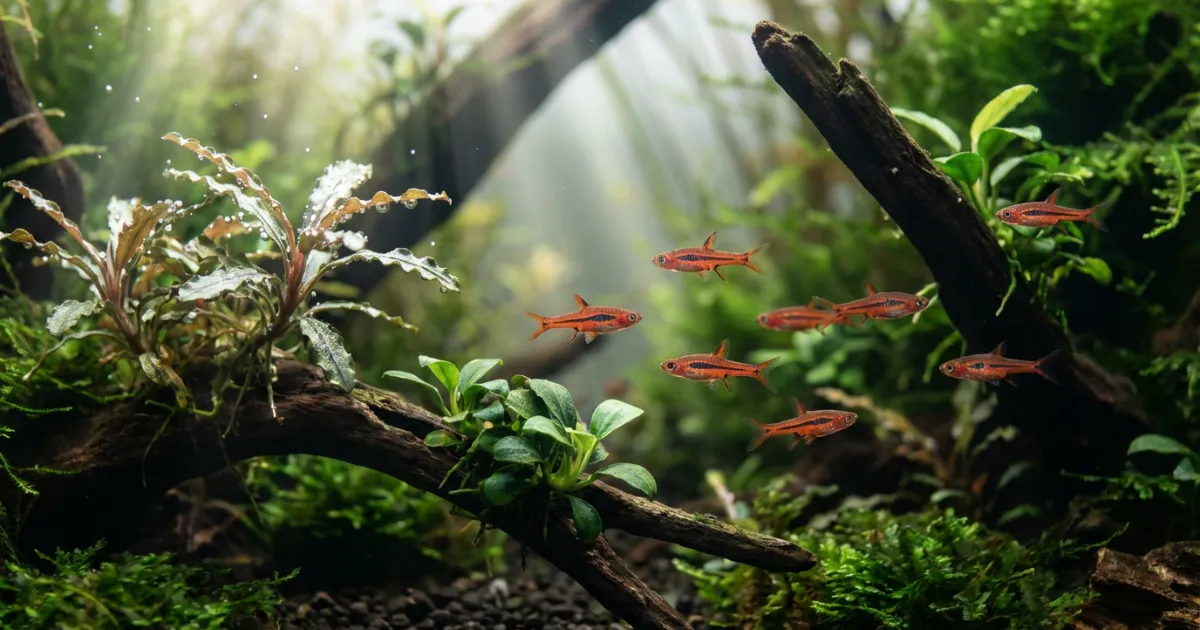Schooling chili rasbora dengan warna merah menyala dalam nano aquascape planted tank