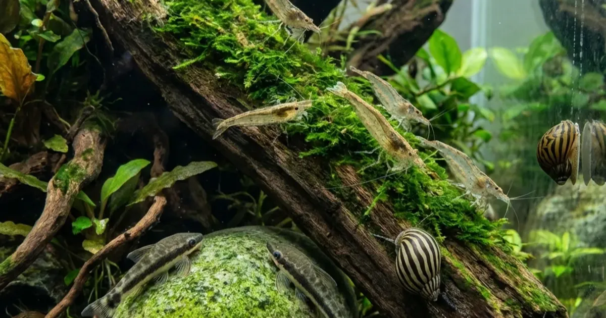 Cleanup crew aquascape dengan nerite snail, amano shrimp, dan otocinclus membersihkan alga