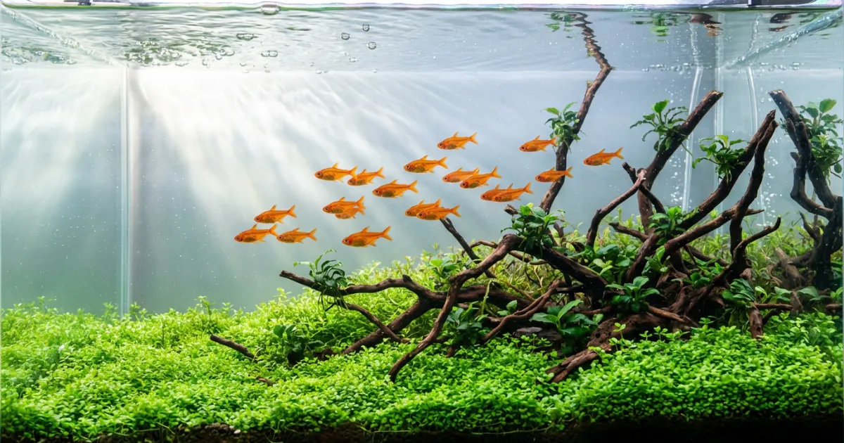 Schooling ember tetra dengan warna oranye-merah dalam planted aquascape dengan background tanaman hijau