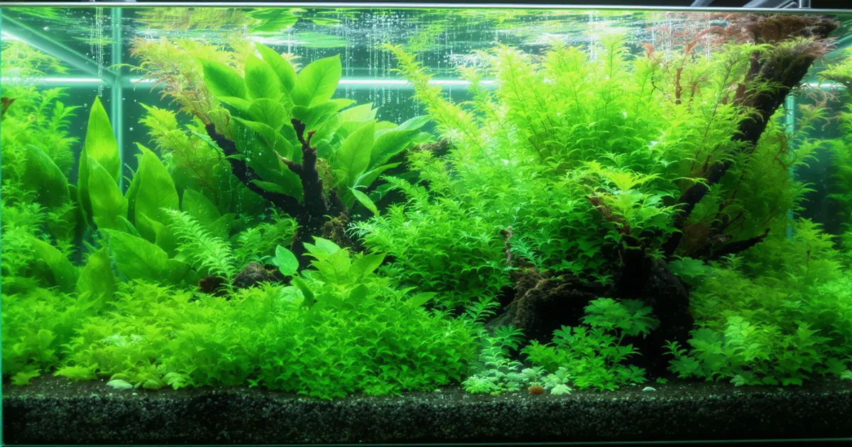 Guppy endler jantan dengan warna neon hijau dan oranye dalam nano planted tank
