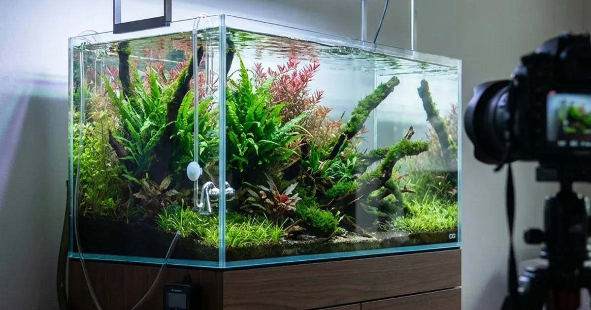 LED lighting aquascape premium dengan tanaman hijau subur dan warna vibrant