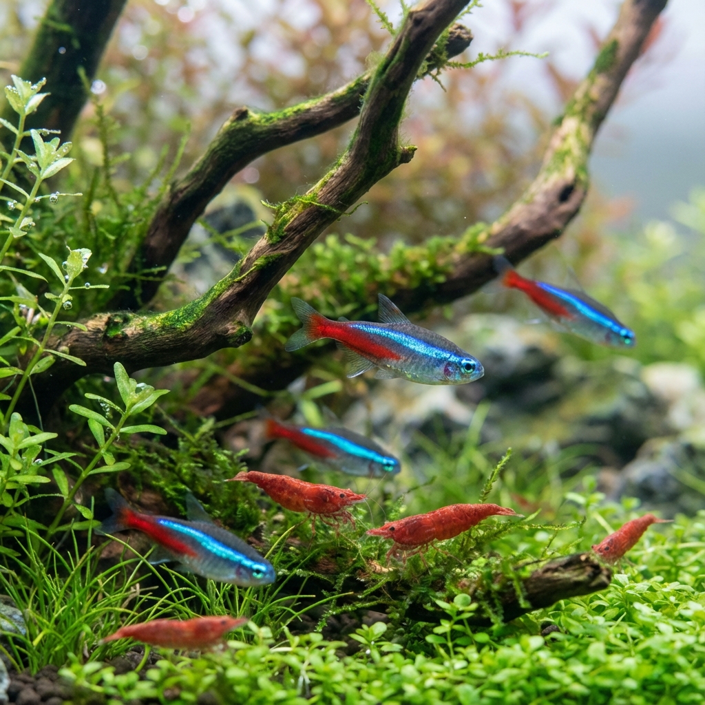 Ikan neon tetra dan udang cherry shrimp dalam aquascape nature style dengan tanaman carpet hijau