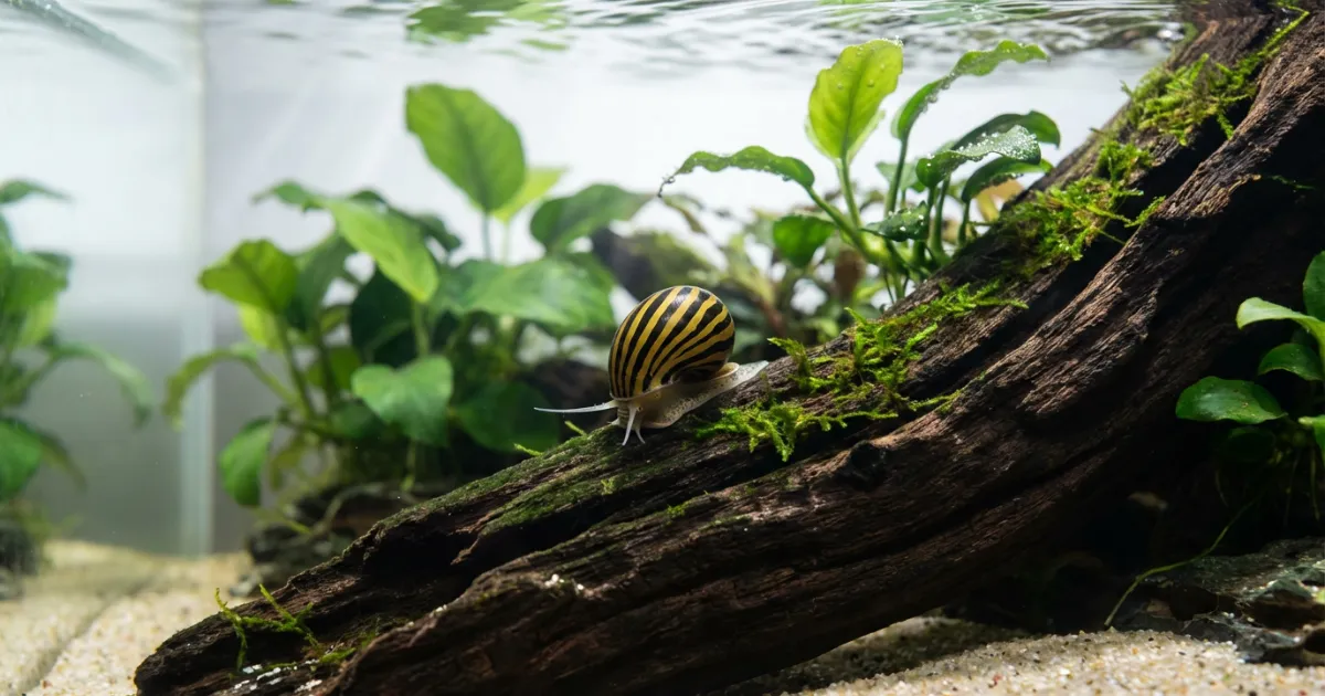 Zebra nerite snail membersihkan green spot algae di glass aquascape planted tank