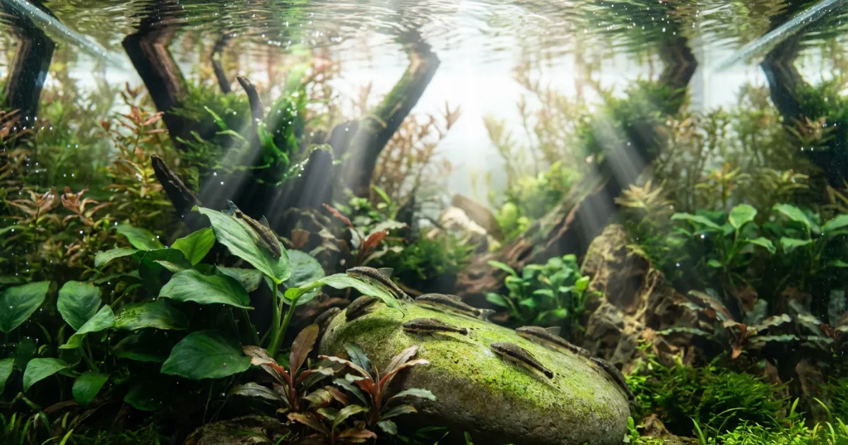 Schooling otocinclus catfish membersihkan diatom di daun anubias dalam planted aquascape