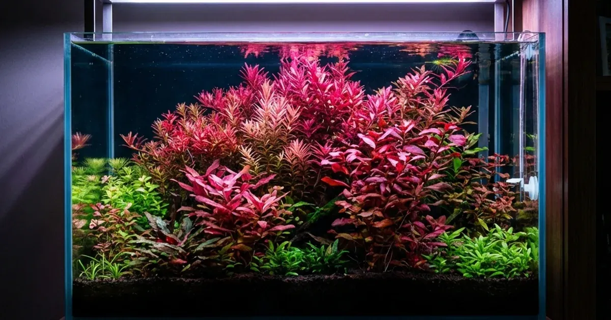 Tanaman merah aquascape Rotala dan Ludwigia dengan warna merah intense dalam planted tank