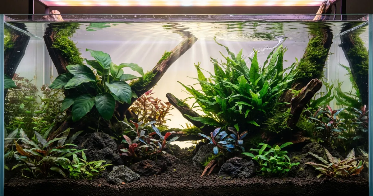 Aquascape low-tech tanpa CO2 dengan Anubias, Java Fern, dan Cryptocoryne