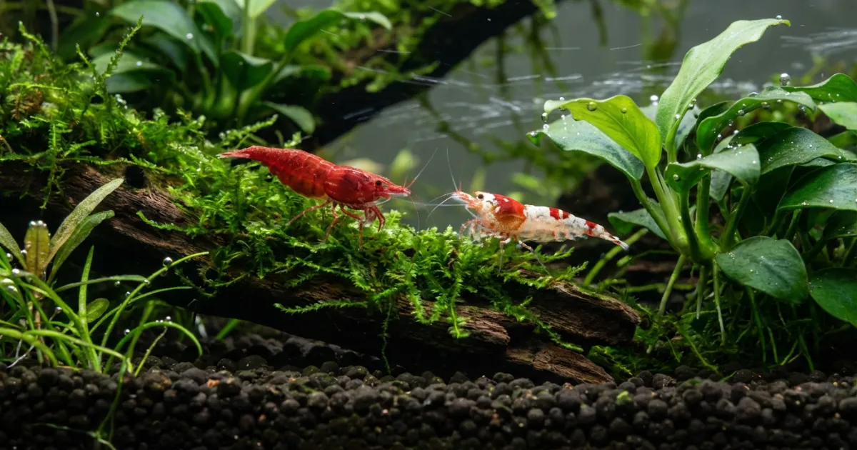 Cherry shrimp merah dan amano shrimp dalam aquascape dengan moss dan tanaman carpet